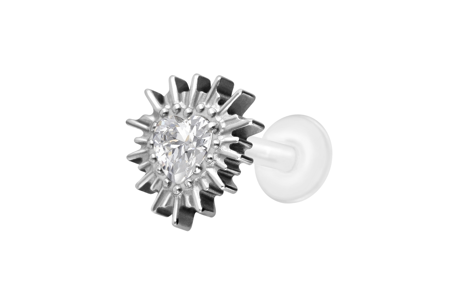 PTFE Labret Piercing mit Innengewinde + Titan-Aufsatz KRISTALLHERZ + SONNENSTRAHLEN